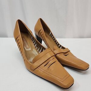 Enzo Angiolini Size 8.5 Tan Leather Square Toe Pump Heels L